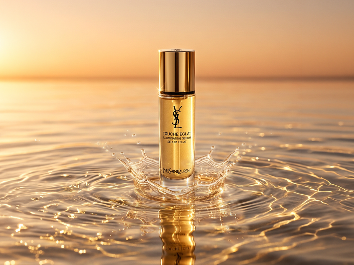 Sérum Touché Éclat d'Yves Saint Laurent, shooting produit, mer et caustiques